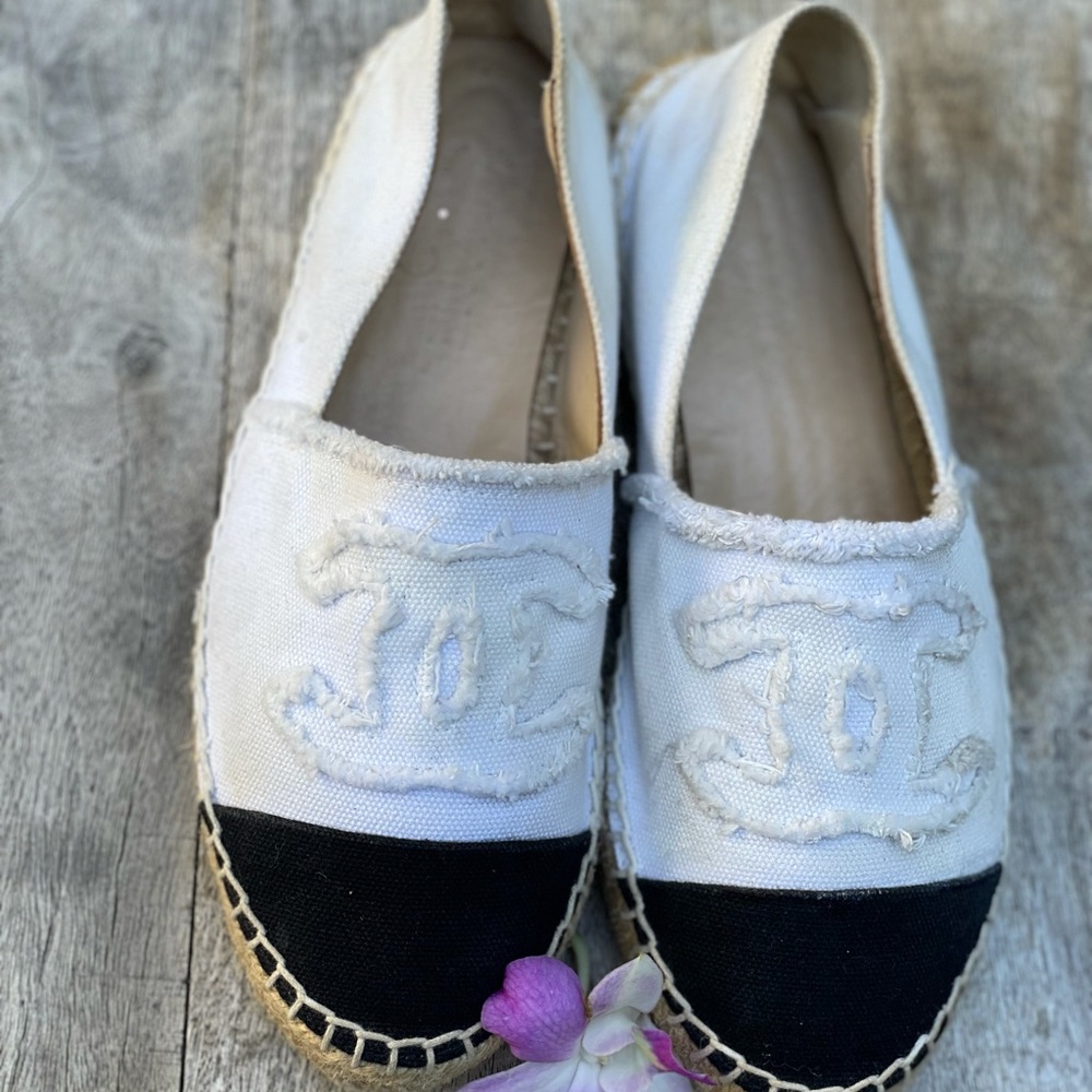White and Black Canvas Espadrilles with Signature Logo